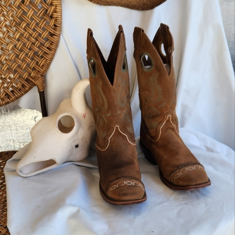 Justin BR1627 Suede Square Toe Cowboy Boots - Picture 5 of 11